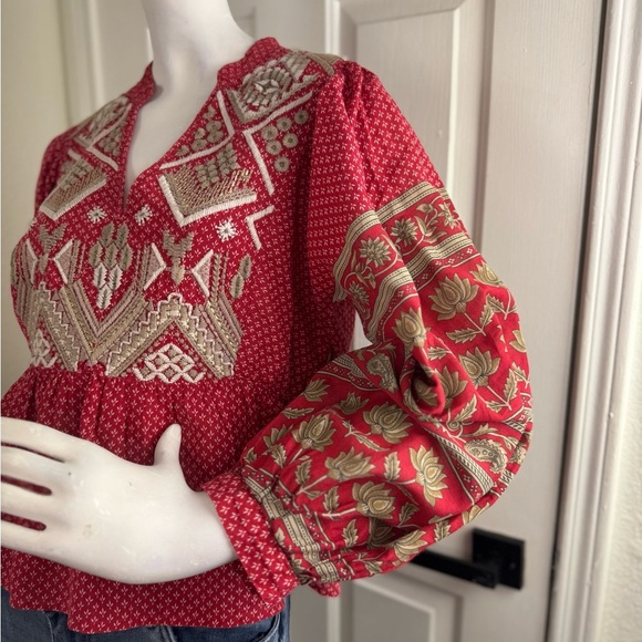 Anthropologie Keira Embroidered Peplum Blouse top shirt v neck Boho Size 8. A25 - Picture 4 of 14